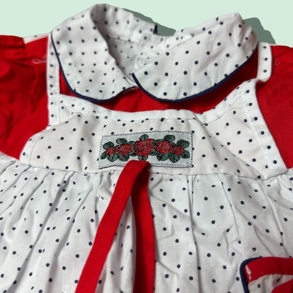 Vintage Baby Cotton Candy Red White Blue Two Piece Set Polka Dot Rose Detail